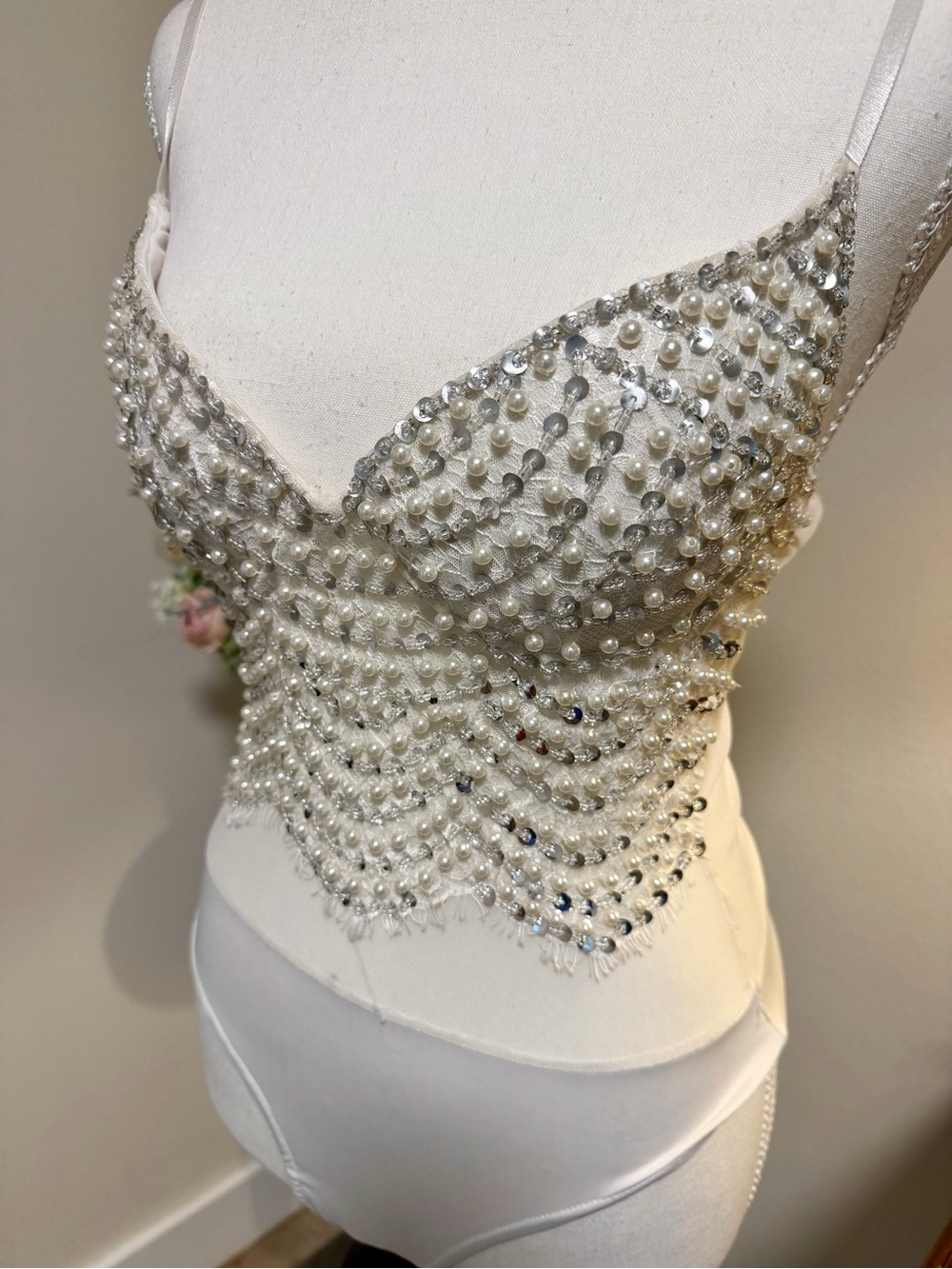 Windsor Pearl & Crystal Embellished Ivory Corset Bodysuit